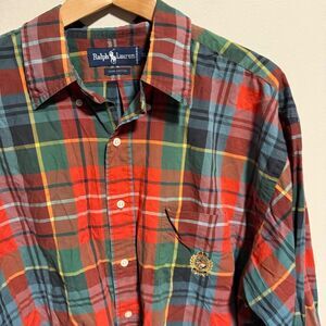 Vintage Polo Ralph Lauren Crest Logo Shirt Red Tartan Plaid Button Down- Size XL